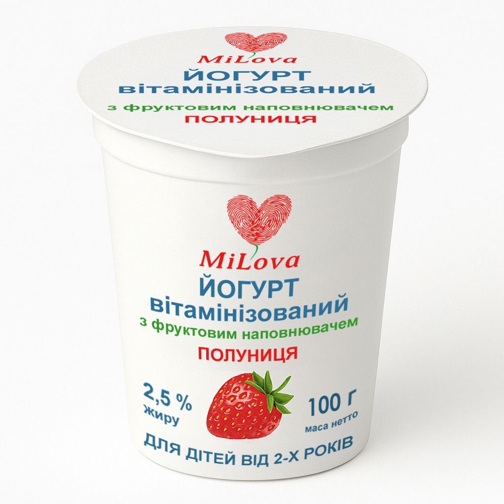 Йогурт вітамінізований MiLova 2,5% жиру з фруктовим наповнювачем, стакан 100г